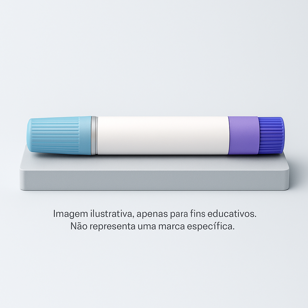 Imagem ilustrativa de uma caneta injetável semelhante ao uso de medicamentos como o Olire
